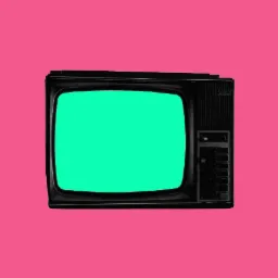 Czarno-biały telewizor kineskopowy marki Galaxy Pulsar 122 z jaskrawozielonym ekranem na różowym tle.