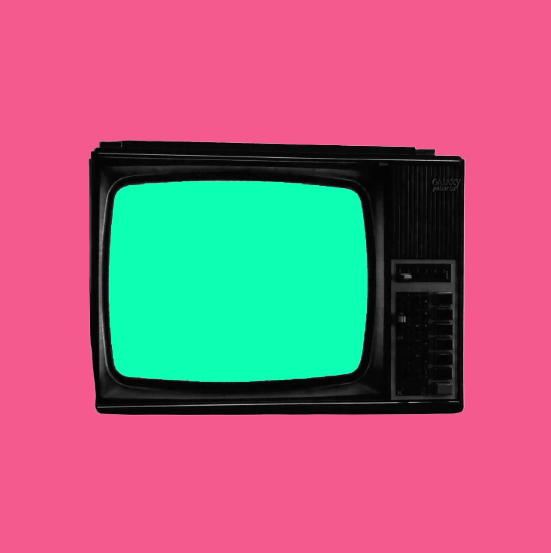 Czarno-biały telewizor kineskopowy marki Galaxy Pulsar 122 z jaskrawozielonym ekranem na różowym tle.
