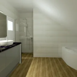 Nowoczesna łazienka na poddaszu z dwiema owalnymi umywalkami nablatowymi na szafce z czarnym blatem z marmurkowym wzorem, przeszklona kabina prysznicowa w rogu i wolnostojąca wanna obok, wykończona...