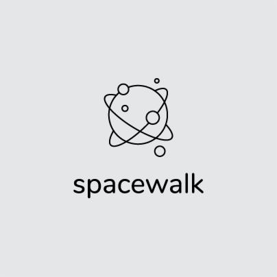 Minimalistyczne logo: stylizowana planeta z orbitami i satelitami, poniżej napis 'spacewalk' na szarym tle.