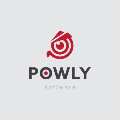 Stylizowane logo firmy Powly Software przedstawiające czerwoną sowę z jednym okiem utworzonym z koncentrycznych okręgów, umieszczone nad nazwą firmy napisaną czarną czcionką.