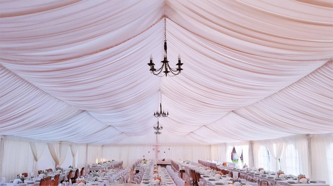 Uroczyste wnętrze namiotu bankietowego z białym draperowanym sufitem i żyrandolami, stoły nakryte do przyjęcia.