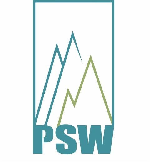 Logo firmy PSW z motywem górskim w kolorach turkusowym i zielonym, umieszczone w turkusowej ramce.