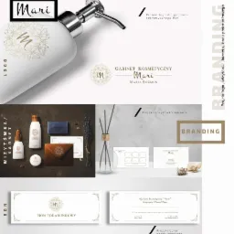 Prezentacja identyfikacji wizualnej gabinetu kosmetycznego Mari: logo na dozowniku mydła, wizytówki, bon podarunkowy, odświeżacz powietrza w szklanym flakonie, wszystko w spójnej stylistyce...