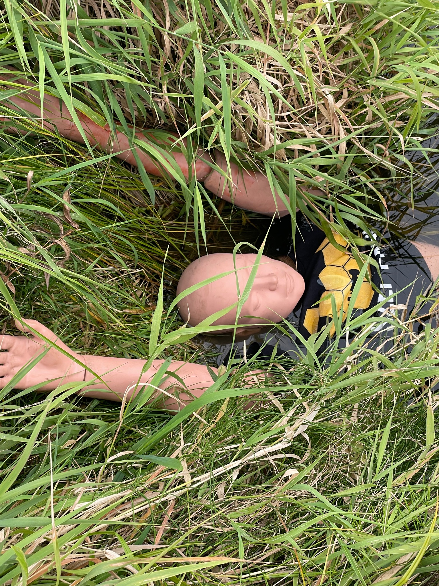 Manekin w wodzie, otoczony wysoką trawą, prawdopodobnie używany podczas symulacji ratunkowej lub ćwiczeń z zakresu pierwszej pomocy.