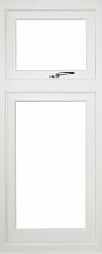 Białe okno z drewna, dwuczęściowe, z chromowanym uchwytem w górnej części.