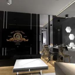 Wizualizacja nowoczesnego salonu z jadalnią w czerni i bieli; ściana z telewizorem z logo MGM, stół z przezroczystymi krzesłami i heksagonalne lustra na ścianie.