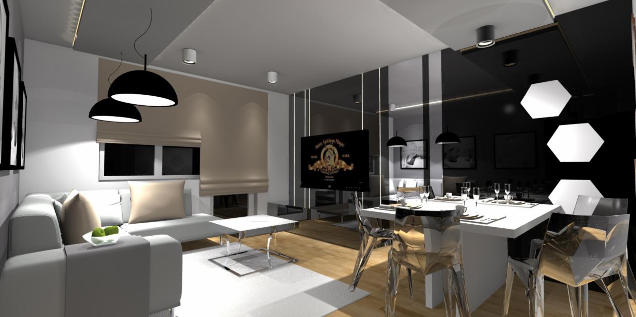 Wizualizacja nowoczesnego salonu z aneksem jadalnym, oświetlonego wiszącymi lampami kulistymi i heksagonalnymi, z szarym narożnikiem, białym dywanem i przezroczystymi krzesłami przy białym stole...