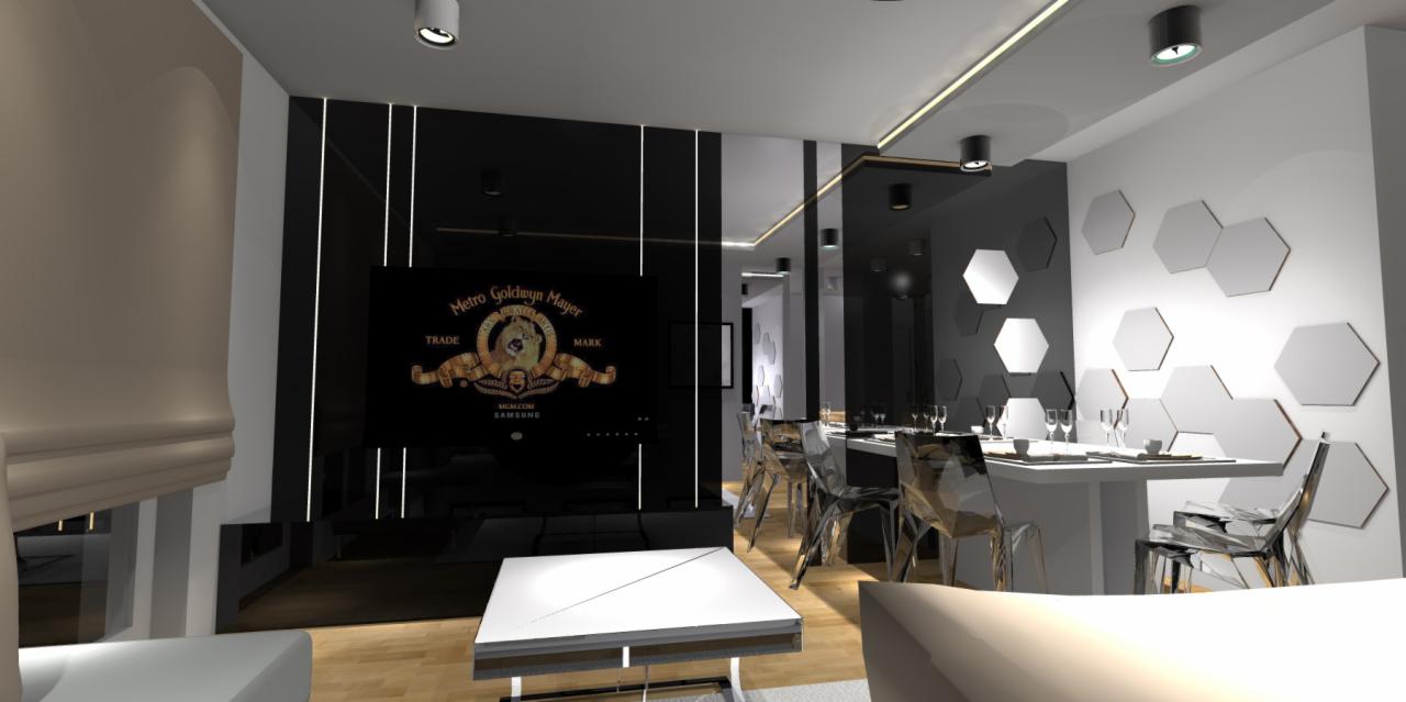 Wizualizacja nowoczesnego salonu z jadalnią w czerni i bieli; ściana z telewizorem z logo MGM, stół z przezroczystymi krzesłami i heksagonalne lustra na ścianie.