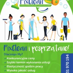 Grafika reklamowa firmy sprzątającej FixClean z ilustracjami personelu i sprzętu do sprzątania, oraz listą zalet oferty.