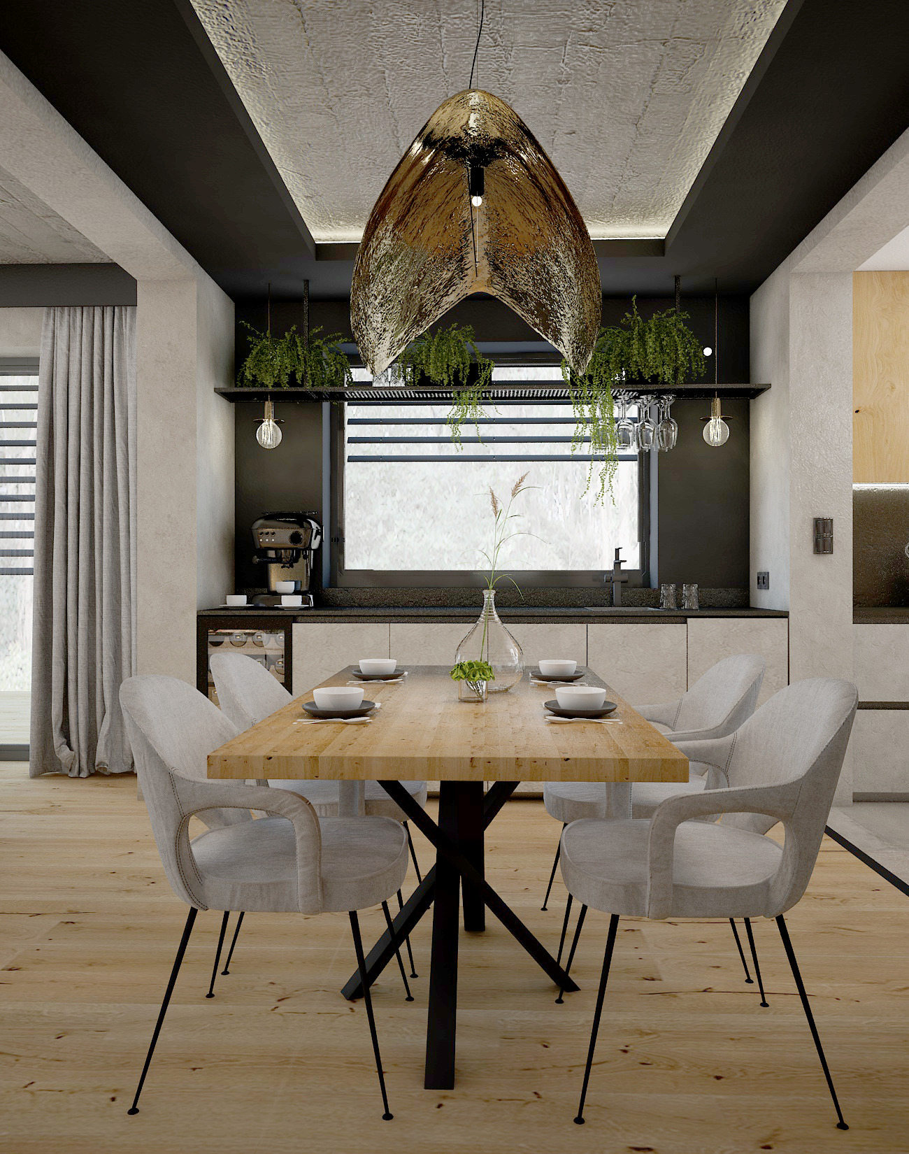 Nowoczesna jadalnia z drewnianym stołem na czarnej podstawie, otoczonym szarymi krzesłami, pod wiszącą, złotą lampą o organicznym kształcie, z roślinami doniczkowymi na półce nad oknem i ekspres...
