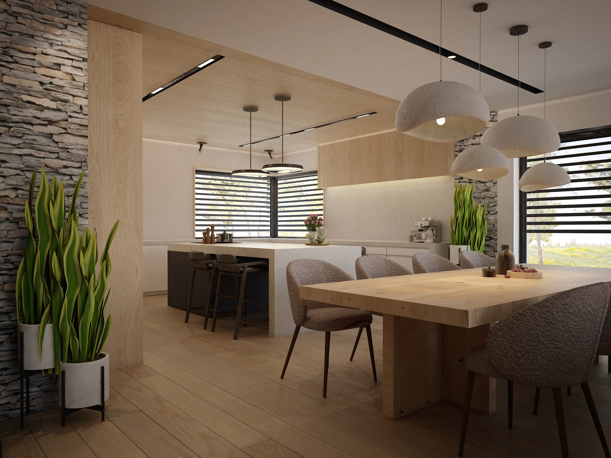 Jasne, przestronne wnętrze jadalni z otwartą kuchnią. Drewniany stół z krzesłami o teksturowanej tapicerce, nad nim lampy o organicznych kształtach. W tle wyspa kuchenna z hokerami, okno...