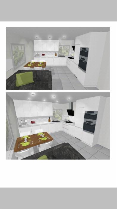 Wizualizacja nowoczesnej kuchni z białymi szafkami, wbudowanymi piekarnikami i stołem z nakryciem na zielonych talerzach, prezentowana w dwóch różnych ujęciach.