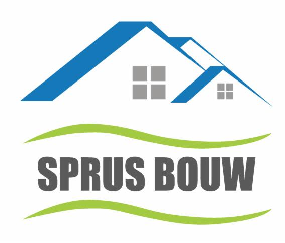Logo firmy budowlanej Sprus Bouw z graficznym przedstawieniem niebieskich dachów i zielonych akcentów.