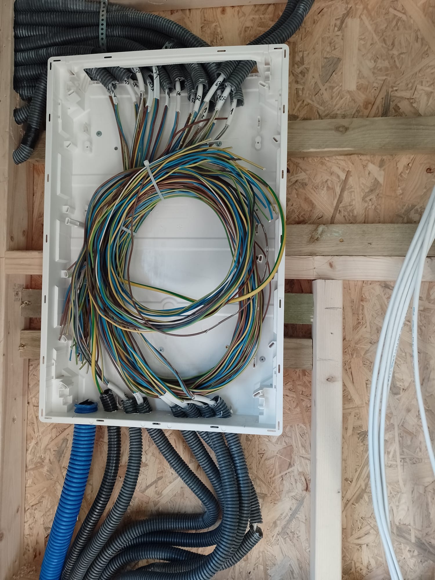 Rozdzielnia elektryczna w trakcie montażu na drewnianej ścianie, z widocznymi przewodami w peszlach i wiązką kabli wewnątrz skrzynki. Etap prac instalacyjnych.