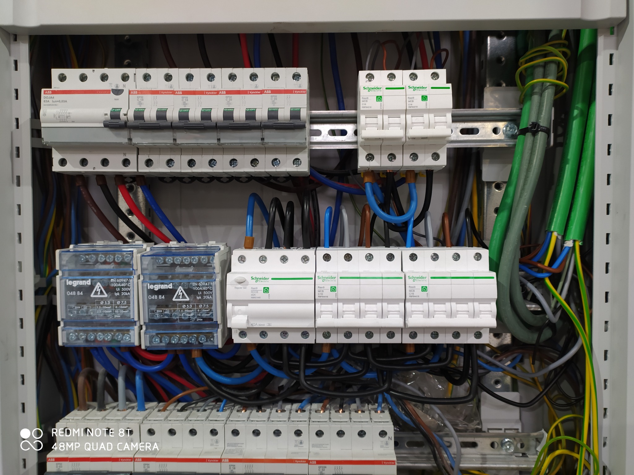 Rozdzielnia elektryczna z bezpiecznikami różnych producentów (ABB, Schneider, Legrand, Vynckier) i różnymi kolorami przewodów, zamontowana w białej obudowie.