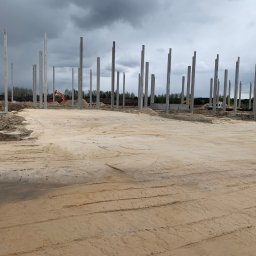 CUDEX - Przygotowany teren budowy z wbitymi betonowymi słupami pod konstrukcję hali, w tle widoczny sprzęt budowlany i zalesiony obszar pod pochmurnym niebem.