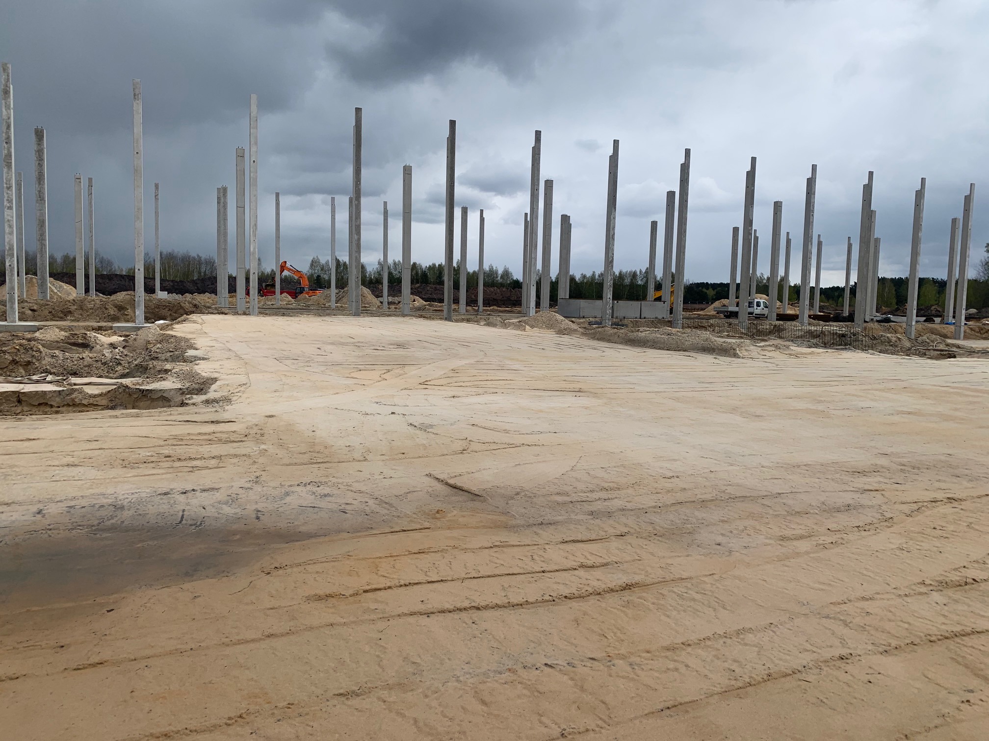 Przygotowany teren budowy z wbitymi betonowymi słupami pod konstrukcję hali, w tle widoczny sprzęt budowlany i zalesiony obszar pod pochmurnym niebem.
