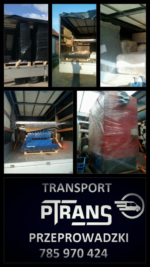 Kolaż zdjęć przedstawiających wnętrze i tył otwartego busa transportowego z ładunkiem zabezpieczonym folią, oraz logo firmy transportowej z numerem telefonu.