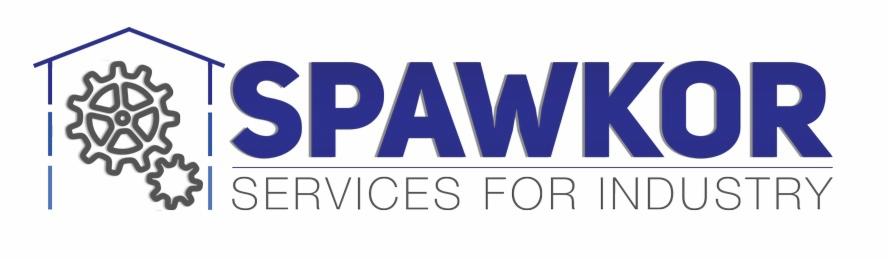 Logo firmy Spawkor Services for Industry z symbolem hali produkcyjnej i zębatek w kolorach niebieskim i szarym.