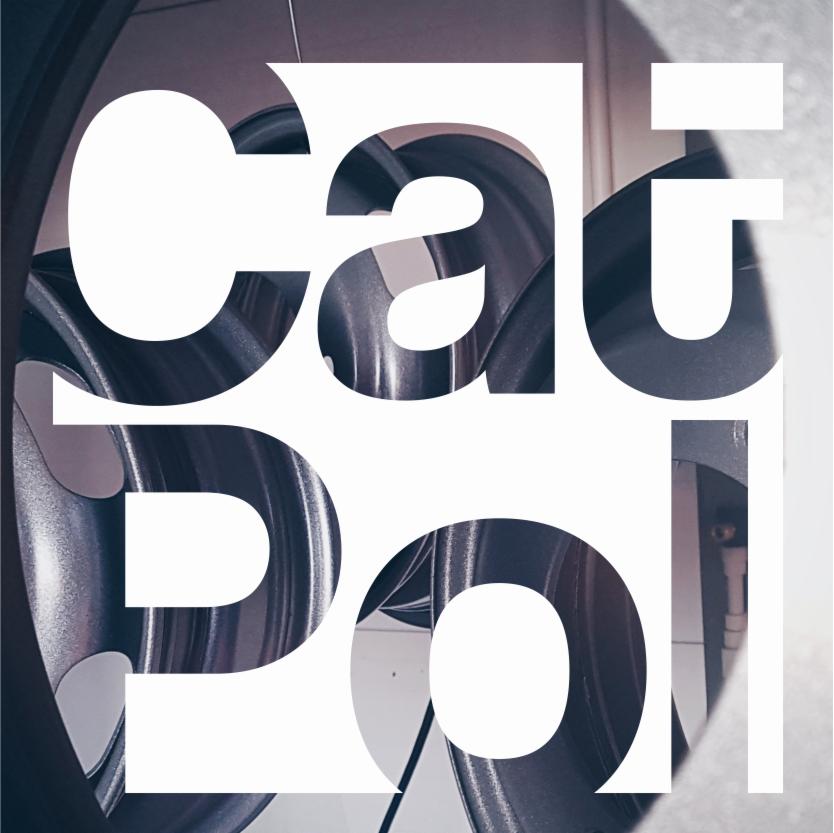 Felga samochodowa z nałożonym napisem 'Cau Pol' w białych, pogrubionych literach, częściowo zasłaniających metaliczną powierzchnię.