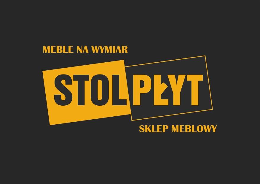 Logo firmy Stolpłyt, sklep meblowy oferujący wyroby na zamówienie, na ciemnoszarym tle z żółtymi elementami graficznymi.