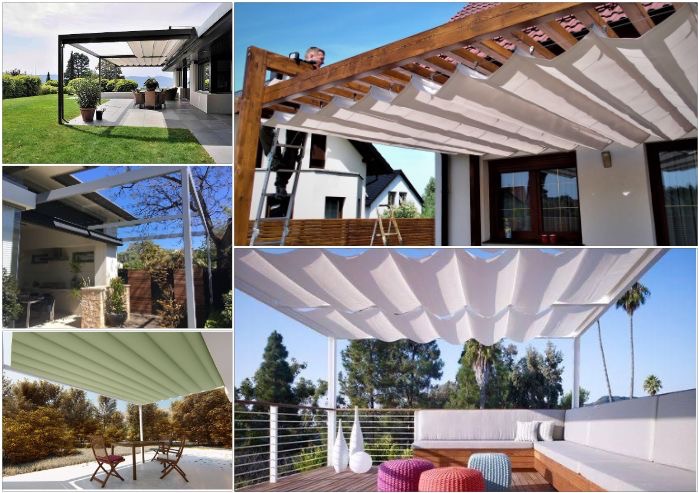 Kompozycja zdjęć przedstawiająca różne konstrukcje zacieniające tarasy i balkony, w tym pergole z rozsuwanym materiałem, konstrukcje z drewnianą kratownicą i płóciennym zadaszeniem, oraz nowoczesne...