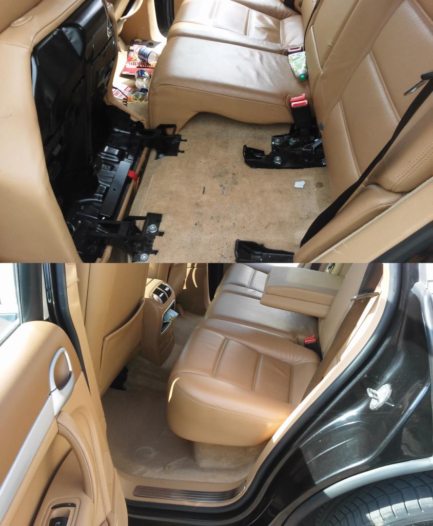 Dzielone ujęcie wnętrza samochodu: górna część pokazuje zdemontowane tylne siedzenia, odsłaniając brudną podłogę z resztkami i elementami montażowymi; dolna część przedstawia wnętrze po czyszczeniu...