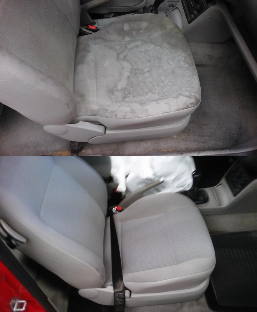 Porównanie fotela samochodowego przed i po czyszczeniu, uwidoczniona znaczna różnica w czystości tapicerki.