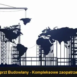 Stylizowana grafika przedstawiająca zarys mapy świata w formie konstrukcji budowlanej, z dźwigiem budowlanym podnoszącym fragment kontynentu, symbolizująca globalny zasięg usług budowlanych.
