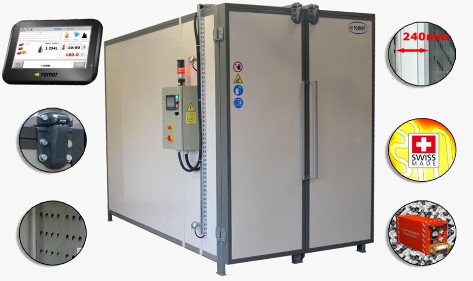 Duża, przemysłowa komora lakiernicza z panelem sterowania, z widocznymi oznaczeniami bezpieczeństwa i tabletem z interfejsem użytkownika, prezentująca wnętrze o szerokości 240mm oraz oznaczenie...