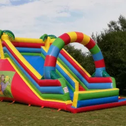 Kolorowy dmuchany zamek ze zjeżdżalniami i motywem dżungli, ustawiony na trawie w słoneczny dzień.