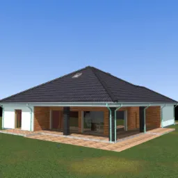 Wizualizacja 3D parterowego domu z ciemnym dachem, drewnianą elewacją i zielonymi rynnami na tle trawnika i błękitnego nieba.