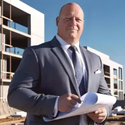 Architekt w szarym garniturze trzymający plany na tle budynku w stanie surowym otwartym, błękitne niebo.