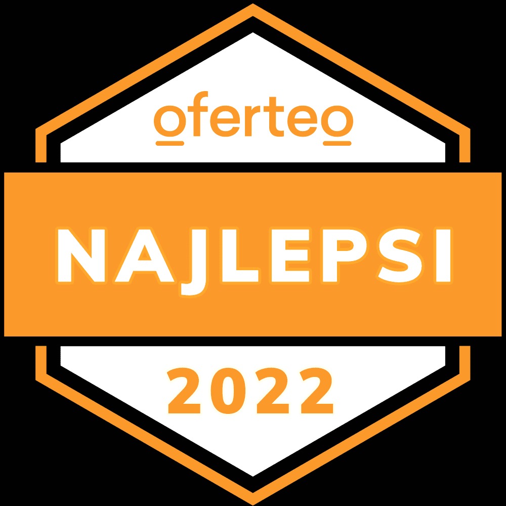 Nagroda Oferteo Najlepsi 2022 w kształcie heksagonu, pomarańczowo-biała grafika na czarnym tle.