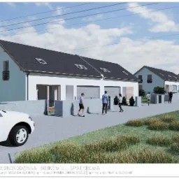 Wizualizacja osiedla domów jednorodzinnych z garażami, przedstawiona z perspektywy ulicy, z widocznym fragmentem białego samochodu na pierwszym planie i sylwetkami przechodniów.