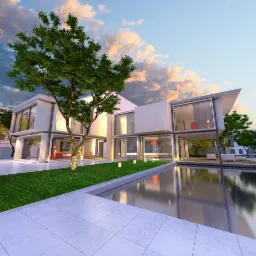 Nowoczesny, dwukondygnacyjny dom z płaskim dachem i dużymi przeszkleniami, otoczony trawnikiem i basenem z refleksami zachodzącego słońca.