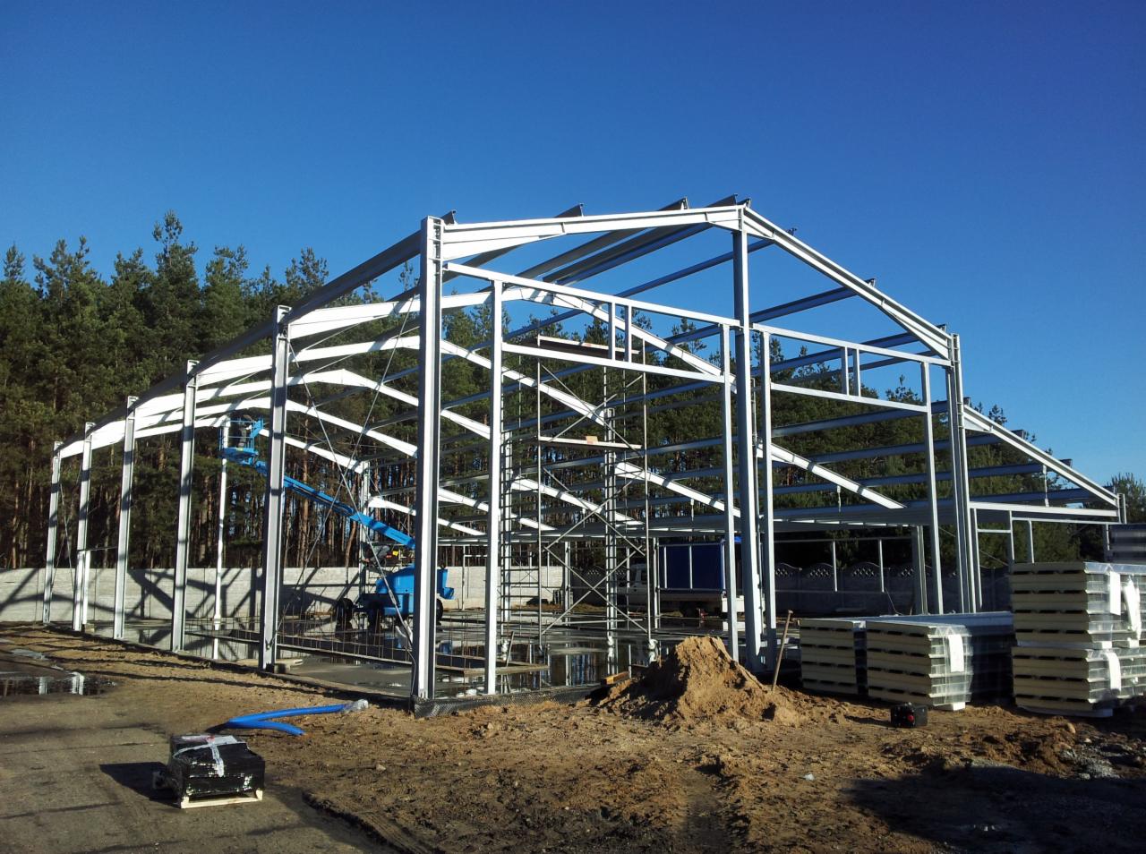 Wznoszenie szkieletu hali stalowej z widoczną platformą roboczą i przygotowanymi panelami izolacyjnymi, na tle lasu i błękitnego nieba.