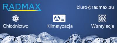 Grafika reklamowa firmy RADMAX z logo, adresem e-mail i ikonami symbolizującymi chłodnictwo, klimatyzację i wentylację na tle imitującym kostki lodu.