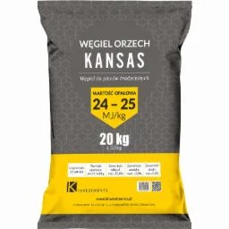 Szary worek z węglem orzech Kansas o wadze 20 kg, przeznaczonym do pieców tradycyjnych, z informacjami o wartości opałowej i zawartości popiołu, wilgoci i siarki, wyprodukowany przez firmę...