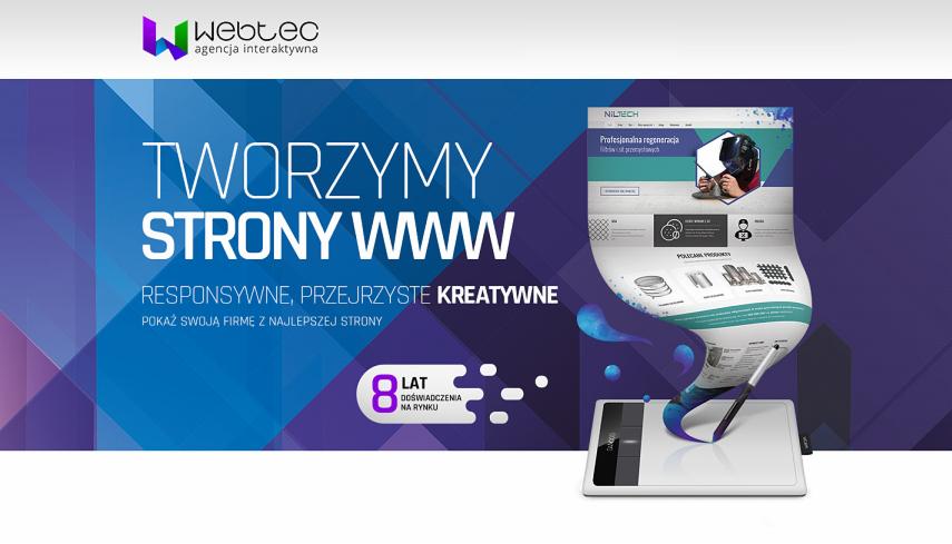 Grafika koncepcyjna strony internetowej Niltech, w której projekt strony 'wylewa się' z tabletu graficznego Wacom, na tle firmowego baneru z napisem 'Tworzymy strony WWW. Responsywne, przejrzyste...