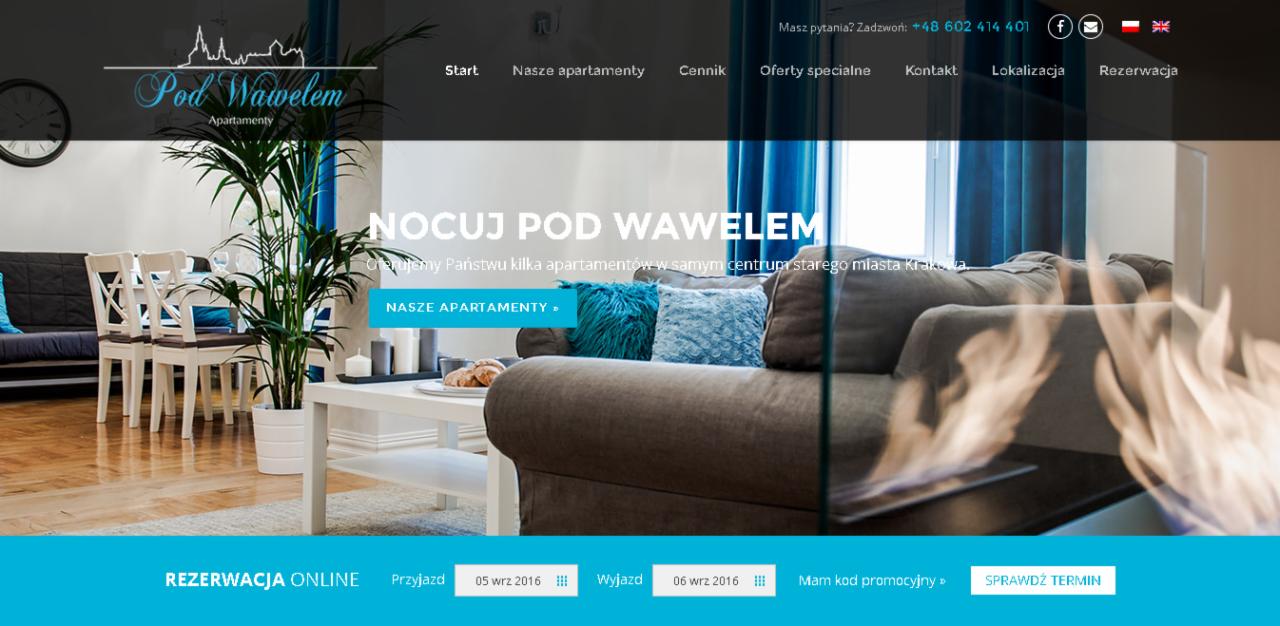 Strona internetowa apartamentów 'Pod Wawelem' z widocznym salonem, elementami interfejsu rezerwacji online i logo.