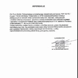 Skan referencji firmy Balkel, datowany na 10.12.2016, potwierdzający wykonanie badań instalacji elektrycznych w budynku Polskich Sieci Elektroenergetycznych w Poznaniu.