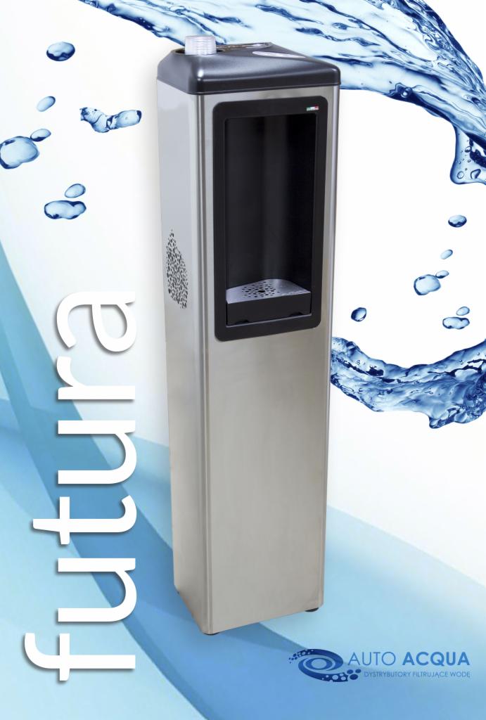 Nowoczesny dystrybutor wody w obudowie ze stali nierdzewnej, z logo producenta i graficznymi kroplami wody w tle.
