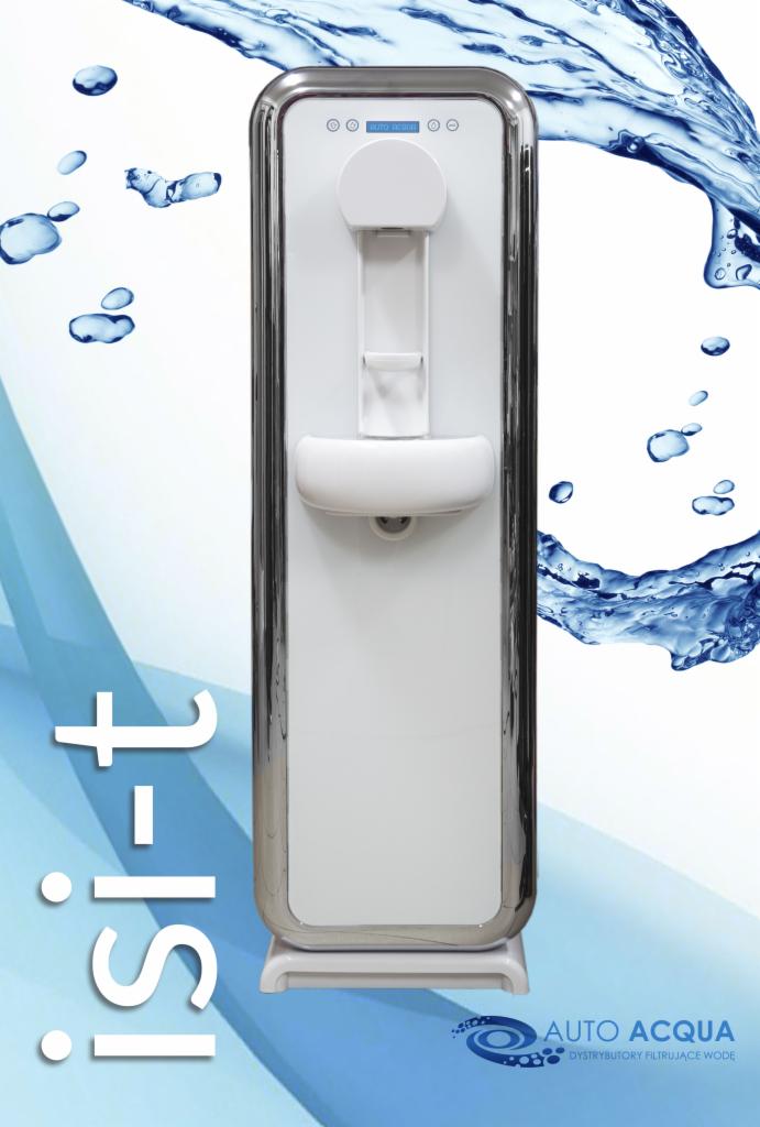 Nowoczesny dystrybutor wody z chromowanymi elementami, prezentowany na tle z motywem wody i logo firmy Auto Acqua.