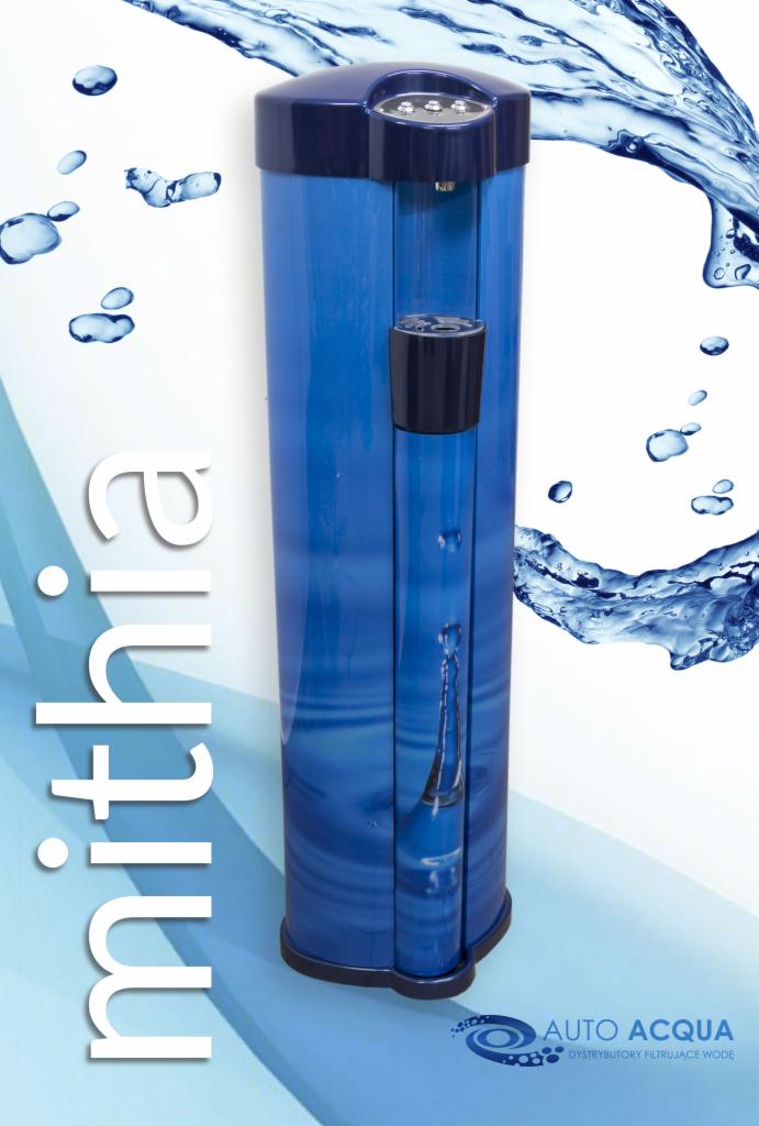 Niebieski dystrybutor wody marki Mithia z logo Auto Acqua, ukazujący spływającą kroplę wody w przezroczystym wskaźniku poziomu.