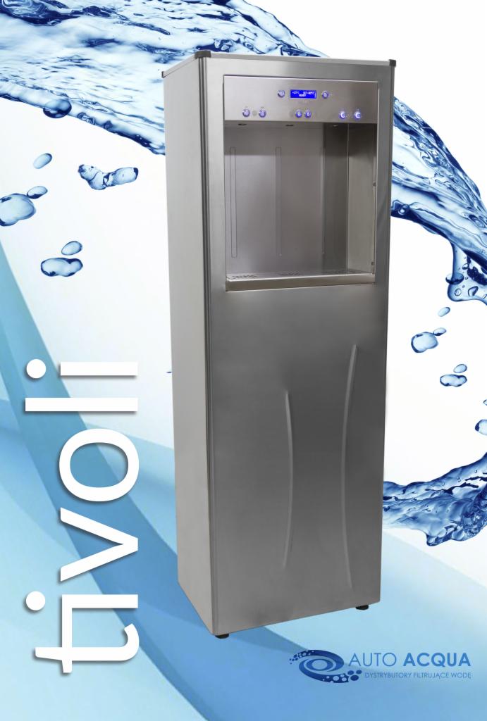 Nowoczesny dystrybutor wody ze stali nierdzewnej marki Tivoli z podświetlanym panelem sterowania, na tle z motywem wody i logo firmy Auto Acqua.