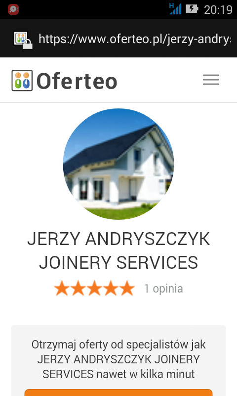 Profil firmy Jerzy Andryszczyk Joinery Services na Oferteo.pl z oceną pięciu gwiazdek i zdjęciem domu w tle.