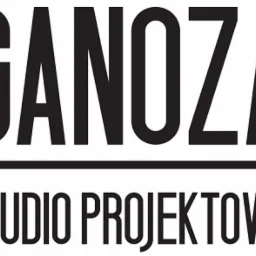 Czarne logo 'GANOZA' nad podkreśleniem i napisem 'STUDIO PROJEKTOWE' na białym tle.