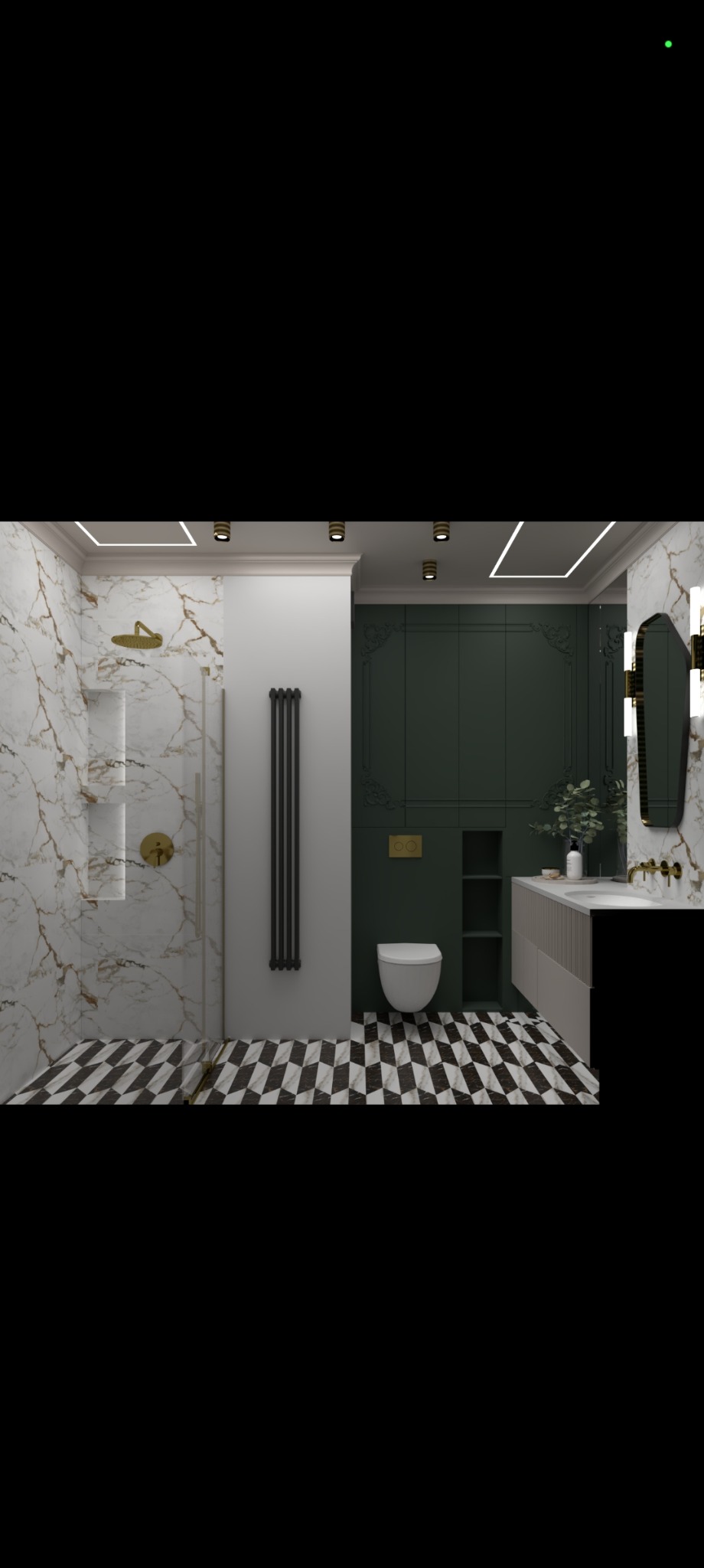 Elegancka wizualizacja łazienki w Bielsku Podlaskim z marmurowymi ścianami, kabiną prysznicową ze złotą armaturą, czarno-białą podłogą w geometryczny wzór, ciemnozieloną ścianą z dekoracyjnymi...